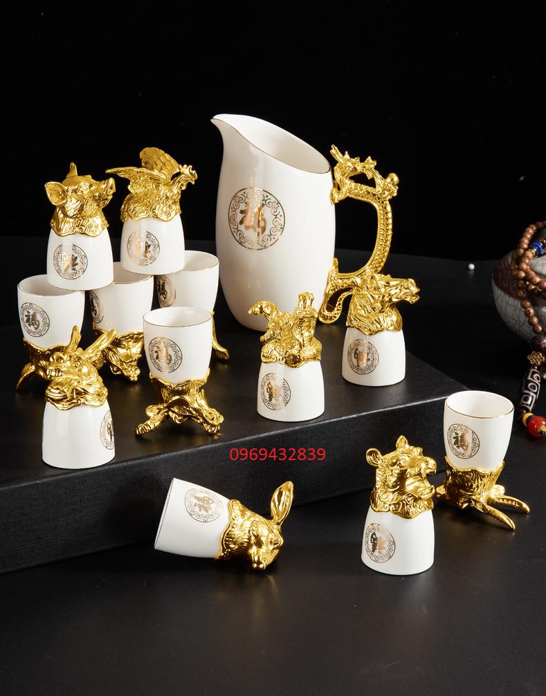 Bộ Ly Gốm 12 con giáp mạ vàng