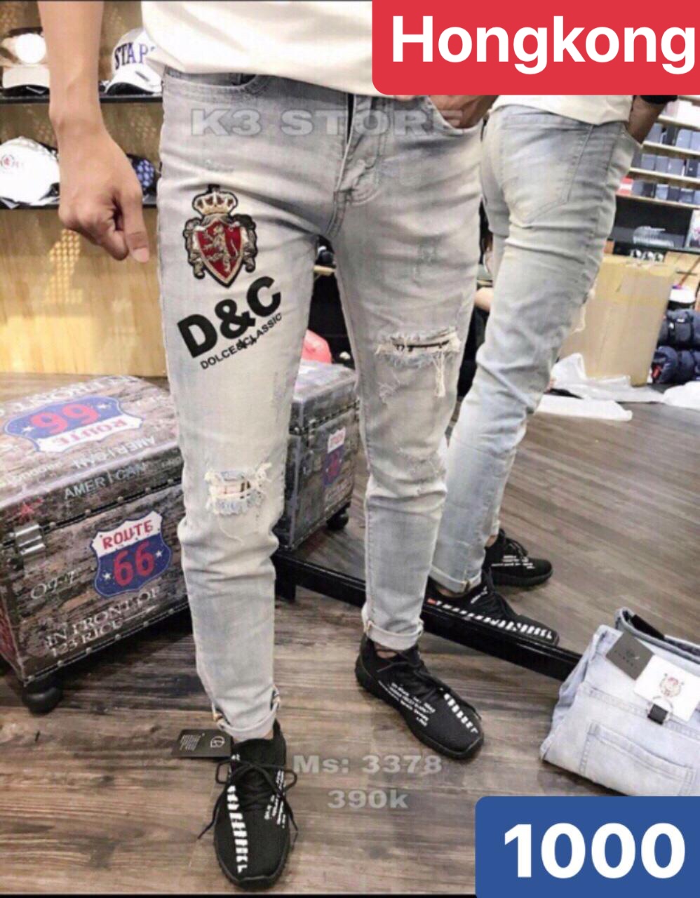 QUẦN JEAN NAM CHẤT BÒ XANH THÊU LOGO ROYAL THƯỢNG HẢI, CO GIÃN NHẸ CAO CẤP DB-1000 HONG KONG FASHION