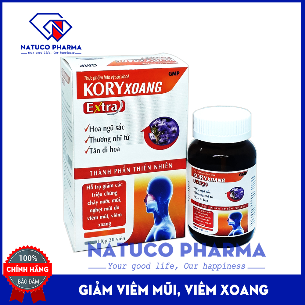 Viên uống kory xoang, hỗ trợ làm giảm các triệu chứng của viêm xoang, viêm mũi dị ứng như: chảy nước mũi, đau nhức vùng trán.