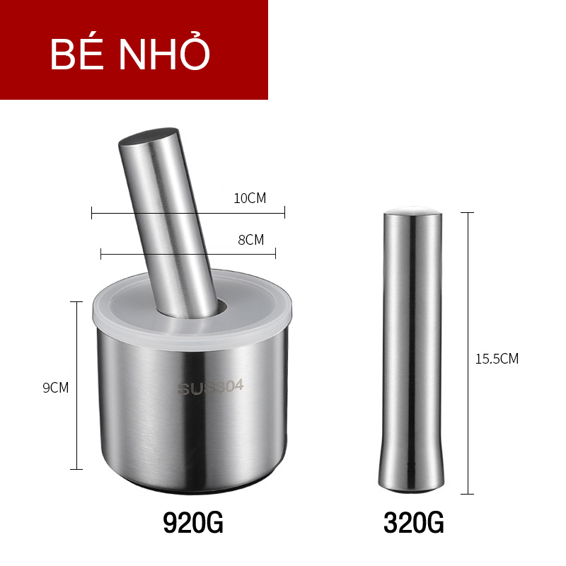 Bộ cối chày inox 304 bộ cối chày siêu bên inox 304 bộ chày cối inox mẫu mới size 10cm/12,7cm/15cm/17cm