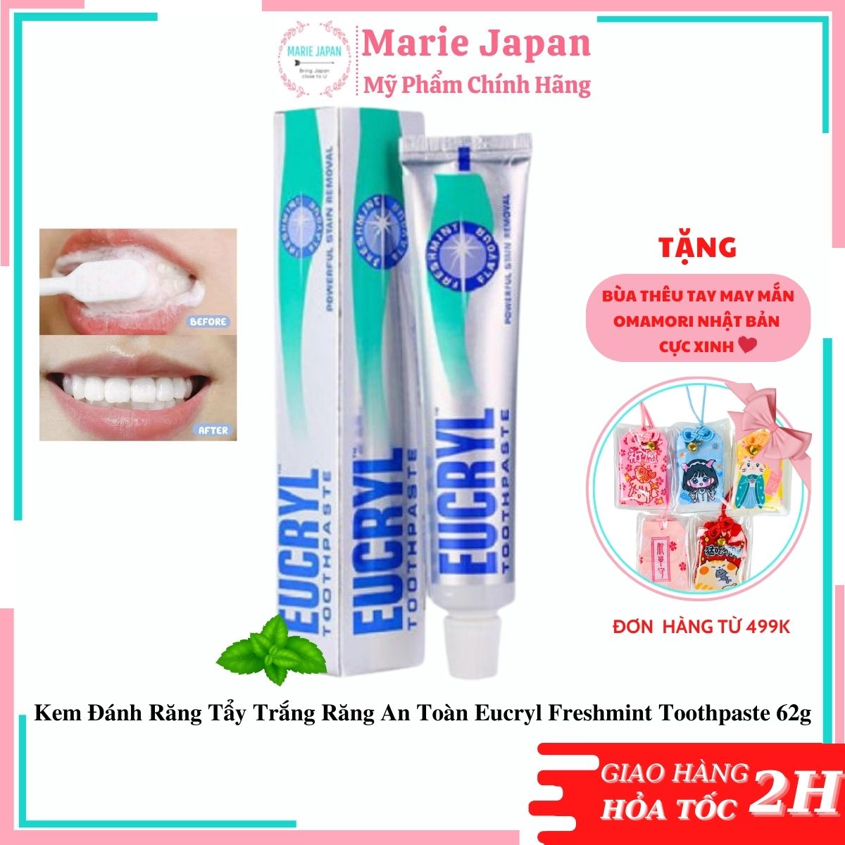 Kem Đánh Răng Eucryl Tẩy Trắng Răng An Toàn Freshmint Toothpaste 62g