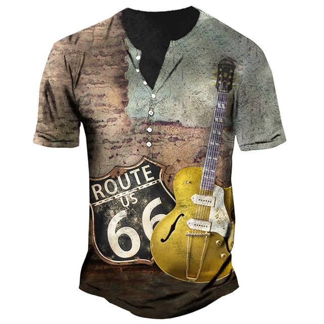 Vintage Henley Shirt V-Neck American 66 Route T Shirt Short Sleeve T Shirt For Men Oversized Tops Tee Shirt Men Punk Streetwear