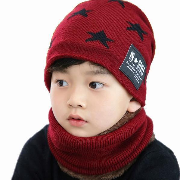 Set mũ len kèm khăn hình ngôi sao có lót lông cực ấm cho bé trai bé gái từ 5 đến 12 tuổi. shopmevabe
