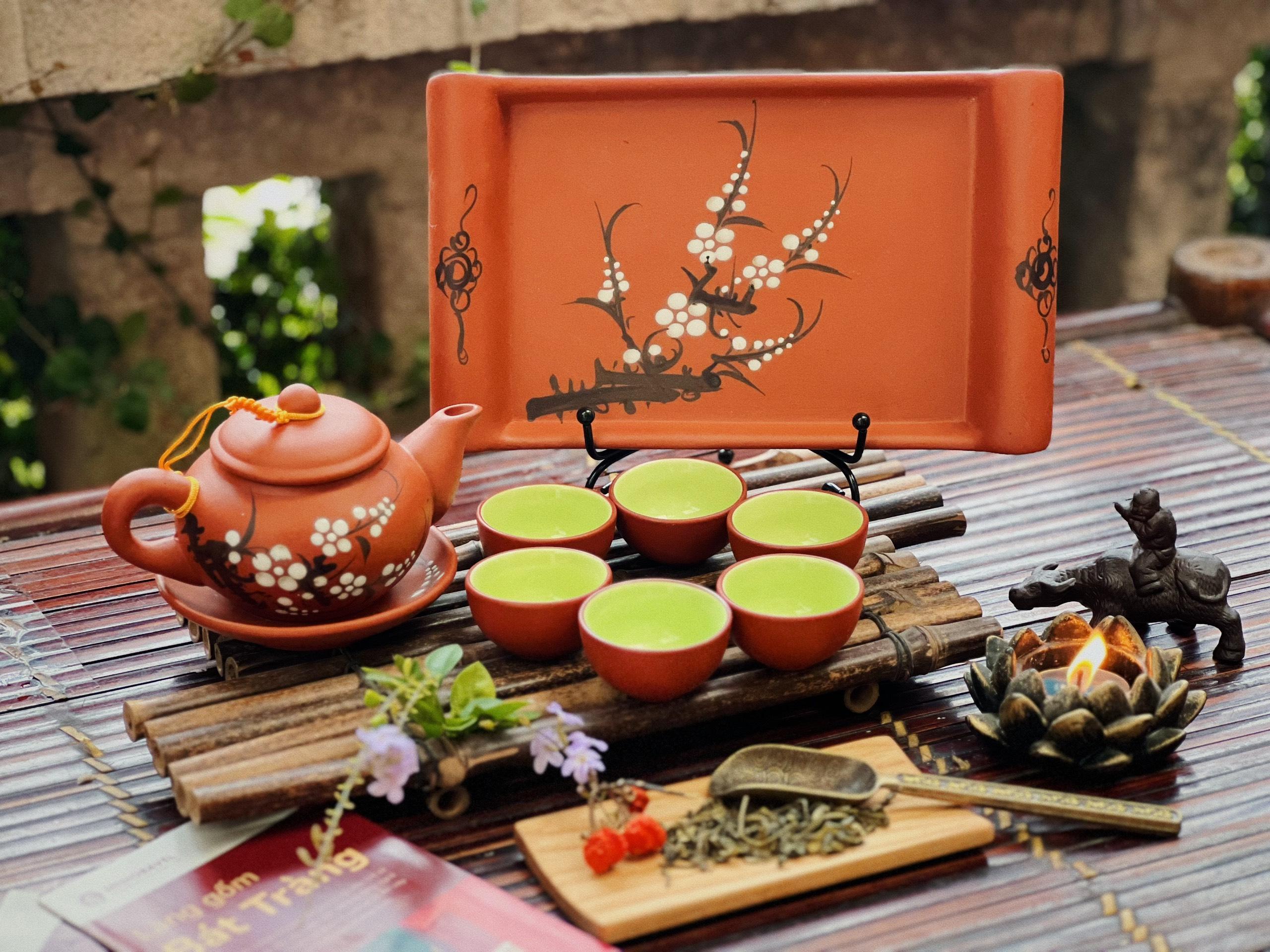 Bộ ấm chén gốm đất đỏ tử sa hoa mai - Gốm Sứ Bát Tràng