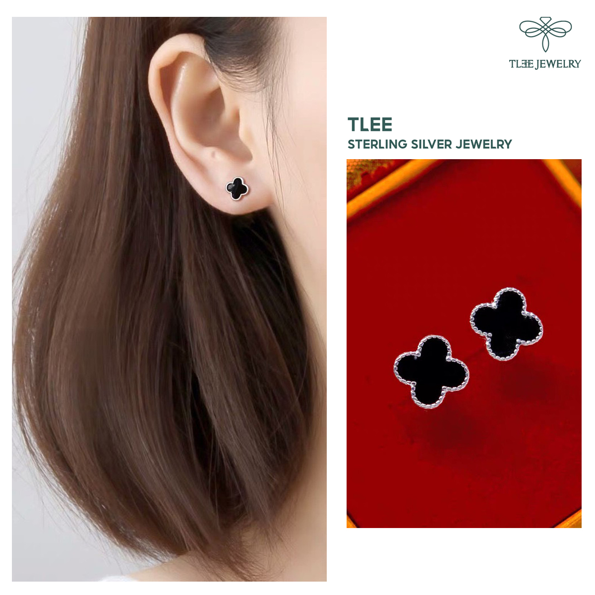 Khuyên tai bạc TLEE cỏ bốn lá đá đen cao cấp TleeJewelry B0195