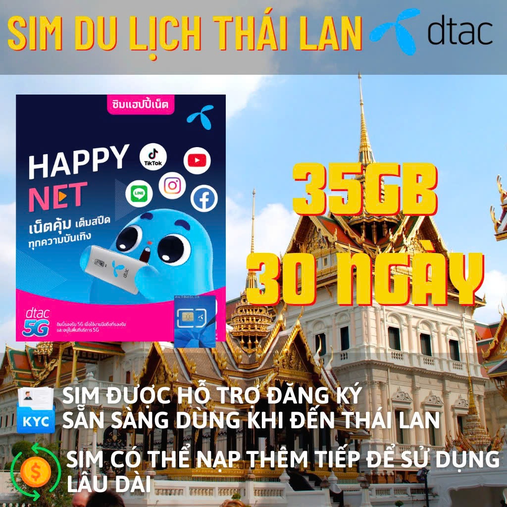 Sim du lịch thái lan internet tốc độ cao 5 hoặc 7 ngày mạng dtac
