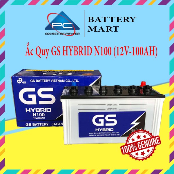 Bình ắc quy nước 12v-100ah, ắc quy ô tô gs hybrid n100