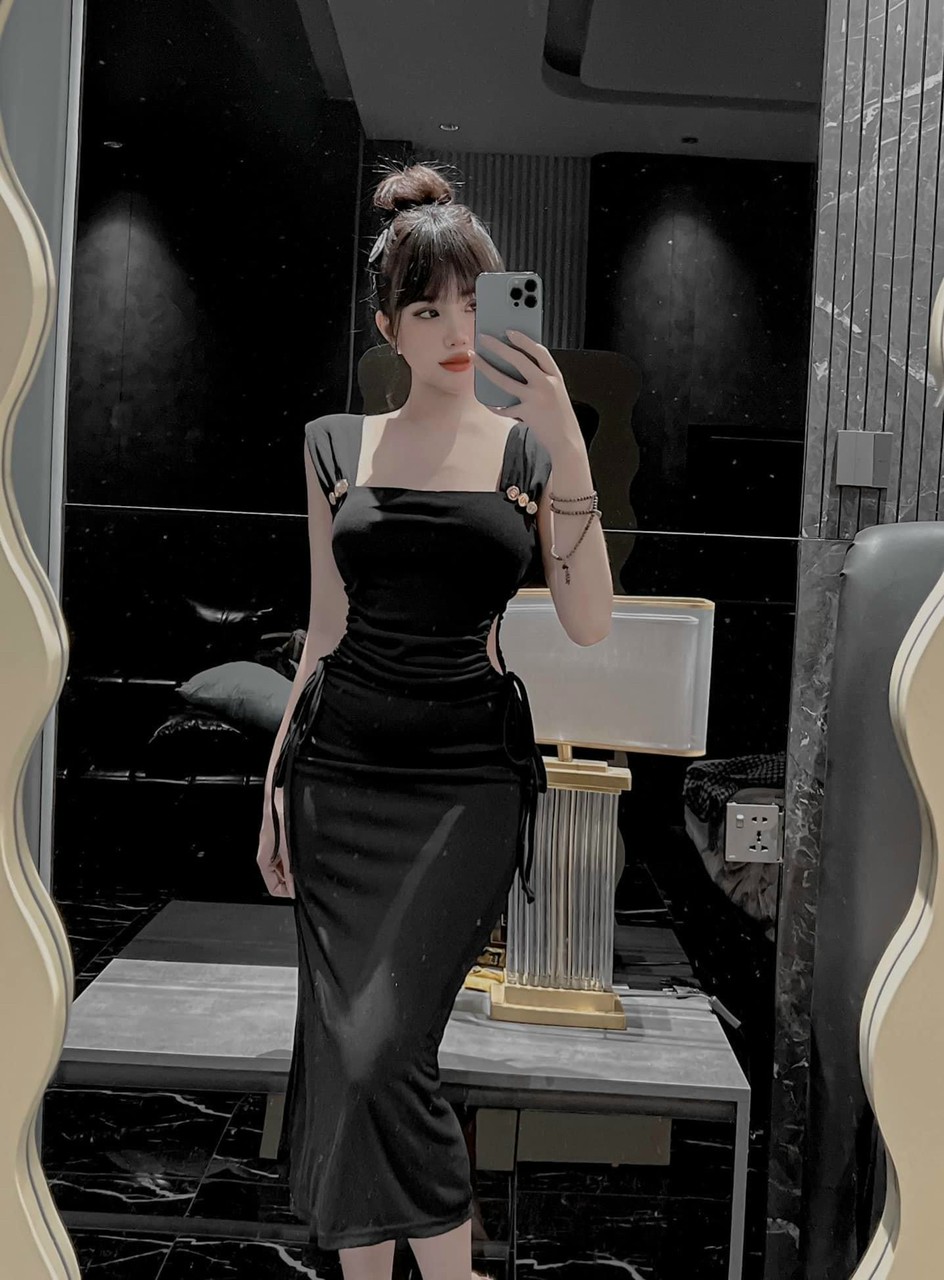 Đầm nữ body 2 dây bản to khoét eo 2 bên dây rút xẻ tà ôm cực tôn dáng trẻ trung quyến rũ sexy