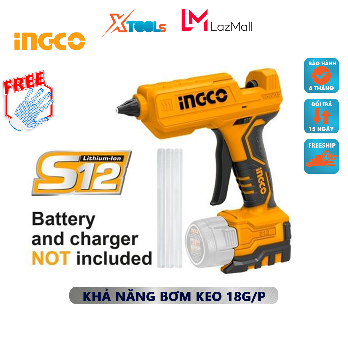 Glue gun battery ingco CGGLI1201 | shooting machine glue used battery voltage 12V capacity pump glue 15-18 g/min size glue Rod 11.2mm included 3 glue Rod 150mm shot silicone glue, adhesive, glue swifter dry, hard peeling