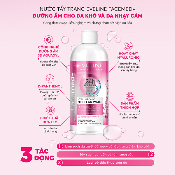 Nước tẩy trang Eveline Facemed+ dưỡng ẩm Hyaluronic 400ML