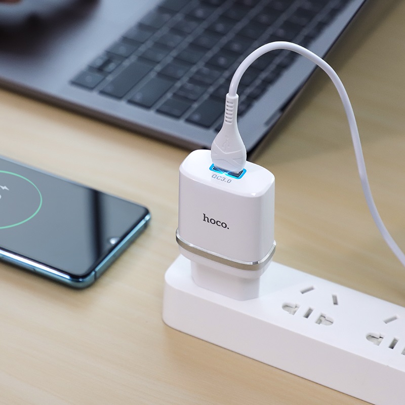 Bộ sạc nhanh 18W Hoco C12Q cổng USB, QC3.0 đầu Micro, Type-C Android dây cáp dài 1m