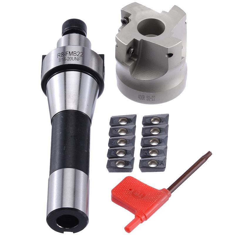 400R 50MM Milling CNC Face End Mill Cutter Kit + 10Pcs APMT1604 Carbide Inserts + R8 Shank Arbor for Power Machine Tool
