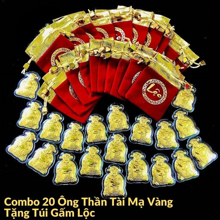 Combo 20 ông thần tài mạ vàng tặng túi gấm lộc; kích thước 5 x 4cm ; túi gấm nhung tặng kèm màu đỏ chữ vàng- sp005489