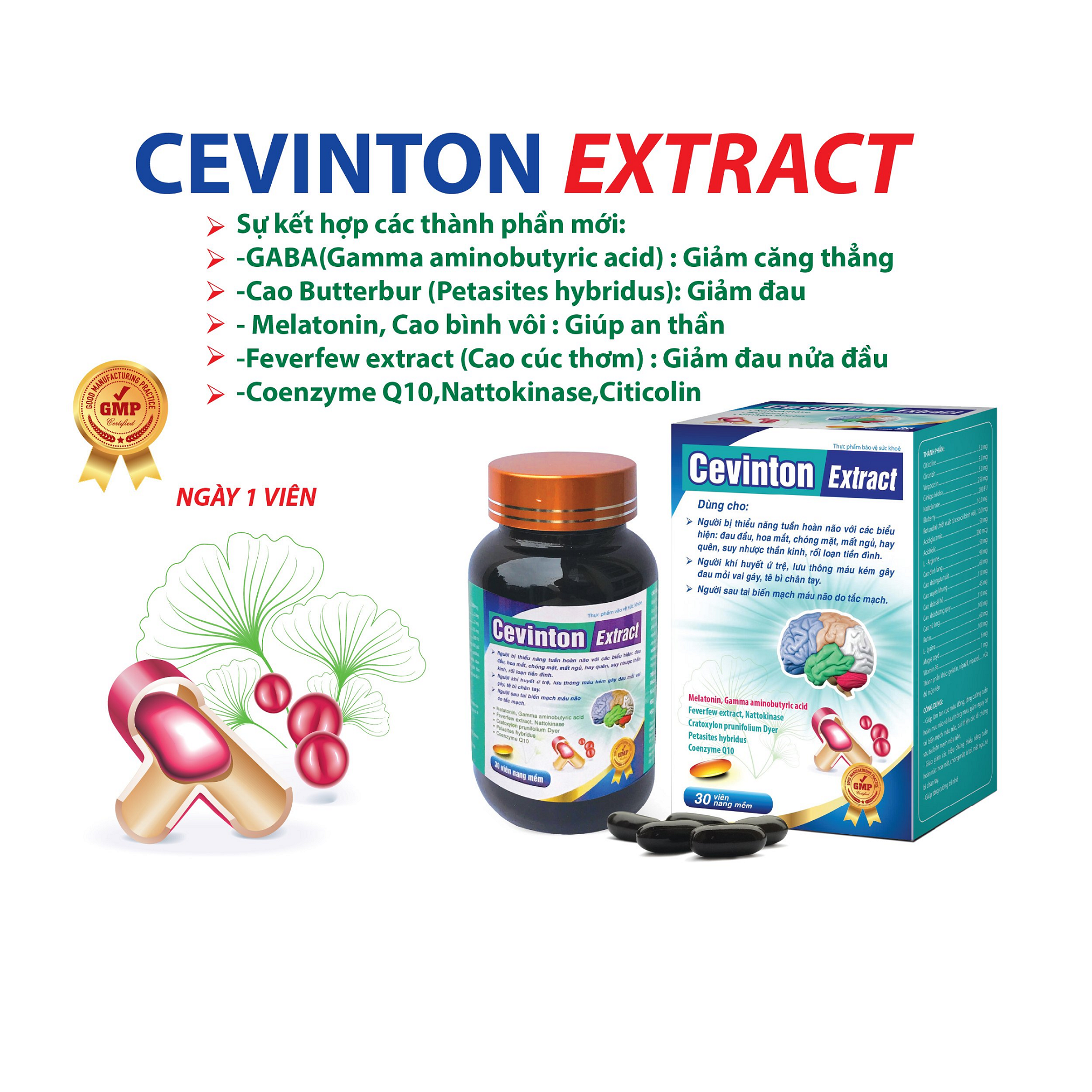 Hoạt Huyết Dưỡng Não Cevinton Extract - Giảm Tai Biến Mạch Máu Não - Tăng Cường Tuần Hoàn Máu Não - Tăng Cường Trí Nhớ - Giảm Các Triệu Chứng Thiểu Năng Tuần Hoàn Não - Lọ 30 Viên