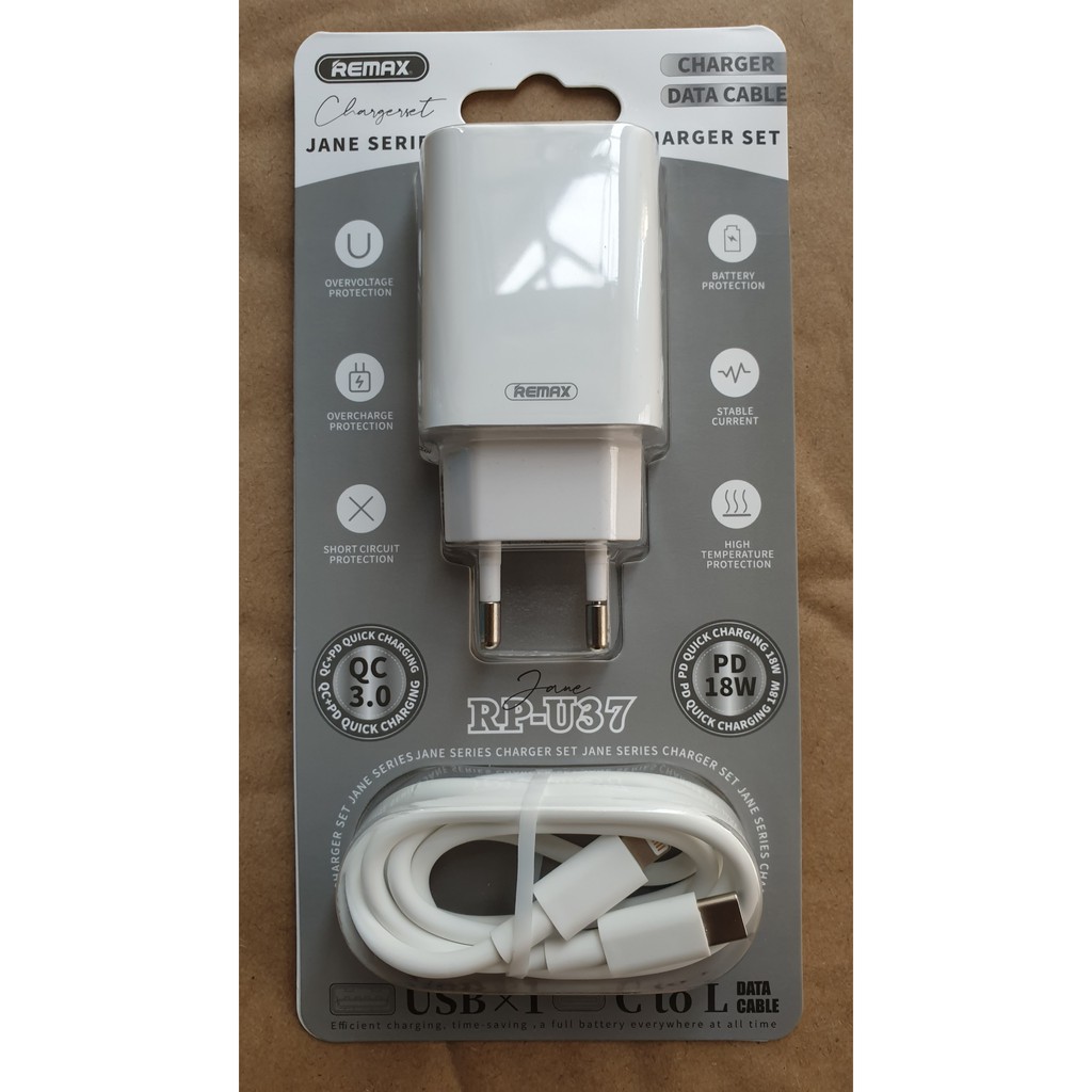 Củ kèm cáp sạc nhanh remax rp-u37 qc3.0+pd 2 cổng sạc: usb và type c