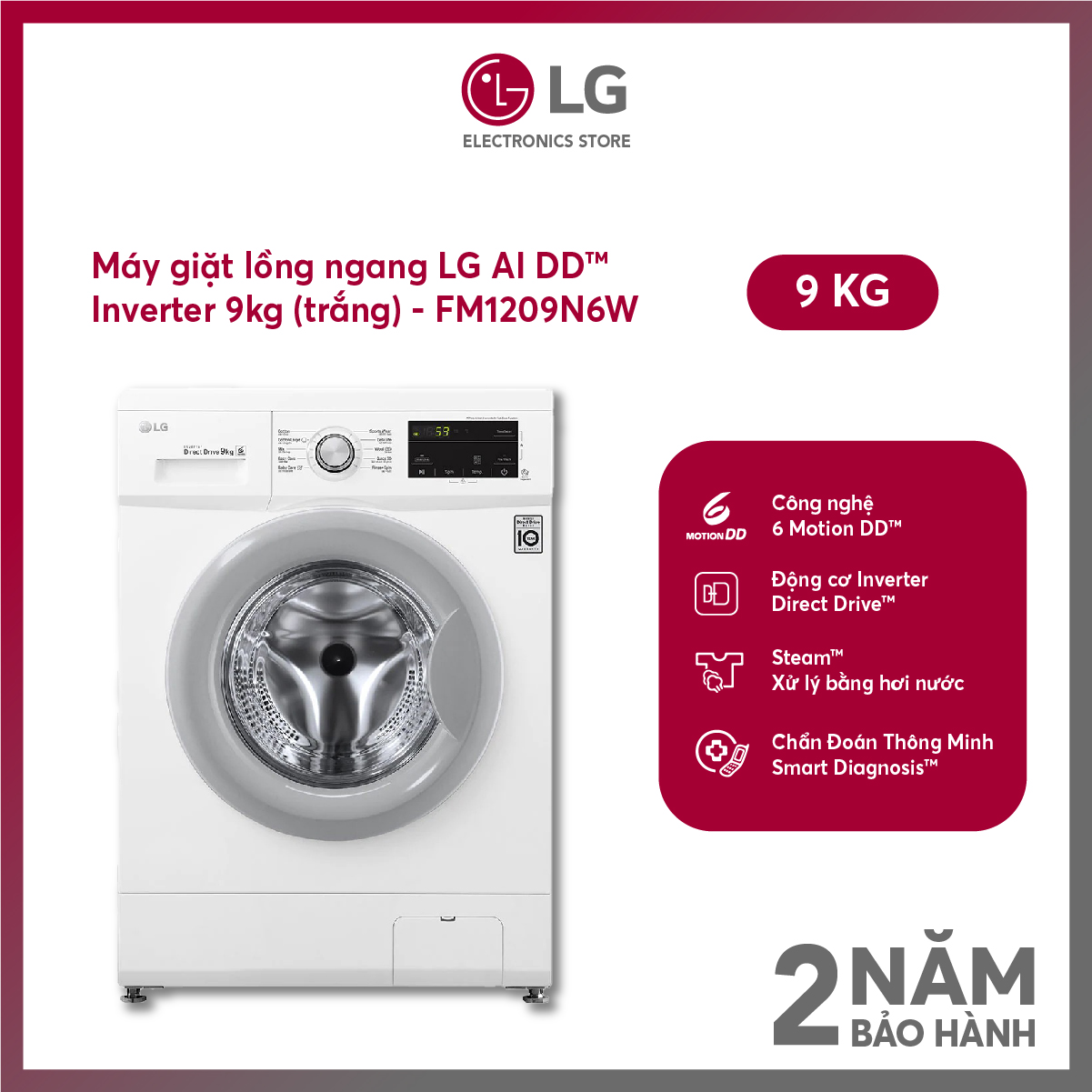 [Miễn phí COD Giao + Lắp Đặt Hà Nội][VOUCHER Upto 1 Triệu][Trả góp 0%] Máy giặt LG Inverter 9 kg FM1209N6W   Bảo vệ sợi vải tối ưu với 6DD  Giảm độ rung và tiếng ồn   Động cơ ổn định, bền bỉ  Chẩn đoán thông minh Smart Diagnosis  Hàng chính hãng