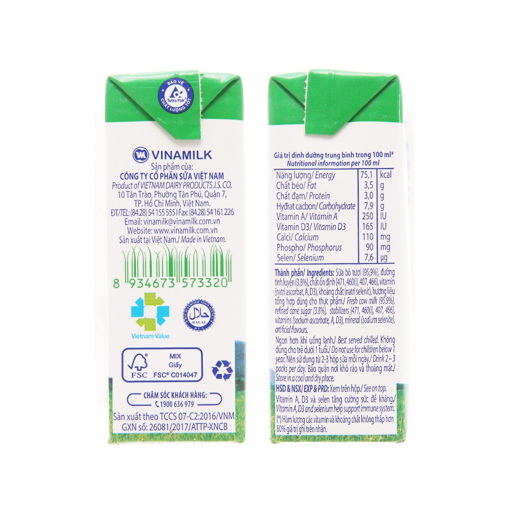 Vỉ sữa tươi Vinamilk 100% Sữa Tươi 110ml