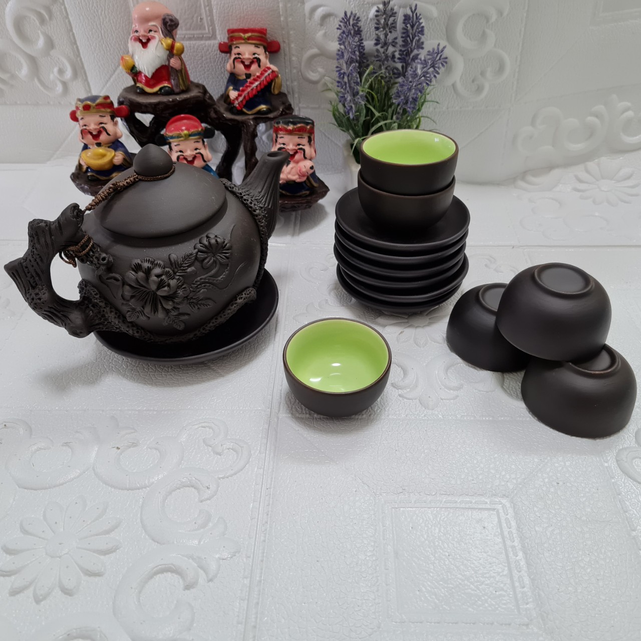 Bộ ấm chén đất nung Bát Tràng hoa phù dung 400ml màu đen