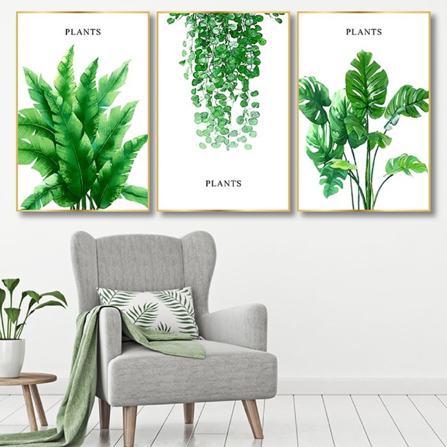 LaLaShop Bộ 3 Bức tranh Canvas treo tường tranh nghệ thuật tranh lá xanh phong cảnh thiên nhiên CÓ KHUNG trang trí tường phòng ngủ, decor phòng khách