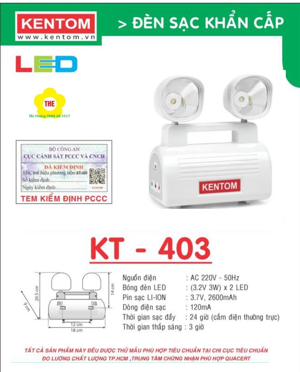 [HCM]Đèn sạc chiếu sáng khẩn cấp KENTOM KT403 - Có tem Bộ Công An