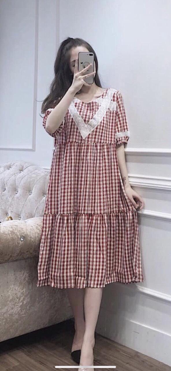Váy bầu thu chất thô lụa kẻ xinh