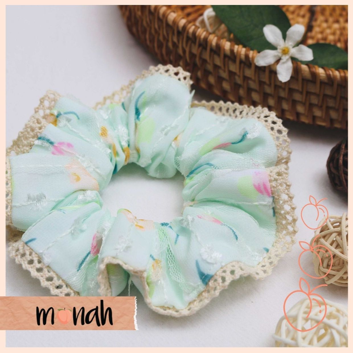 [HCM]Dây cột tóc buộc tóc scrunchie xanh bạc hà mint phối ren mát mẻ năng động