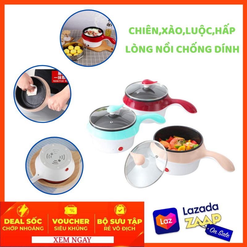 (CHỐNG DÍNH) Nồi Lẩu Mini Đa Năng Điện 2 Tầng Chống Dính - Ca Mì, Nồi Nấu Cơm Có Tay Cầm Size 18cm Tặng Kèm Xửng Hấp Inox
