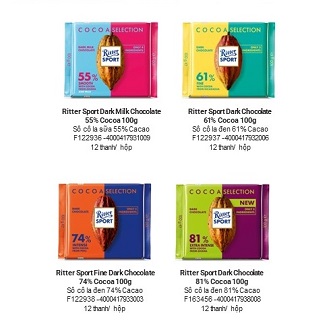 Socola Ritter Sport Cocoa 100gr (đủ vị)