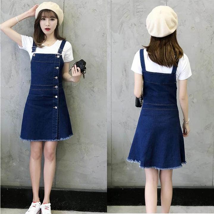 [HCM]Đầm Yếm Jean Nữ Nút Dọc Thời Trang