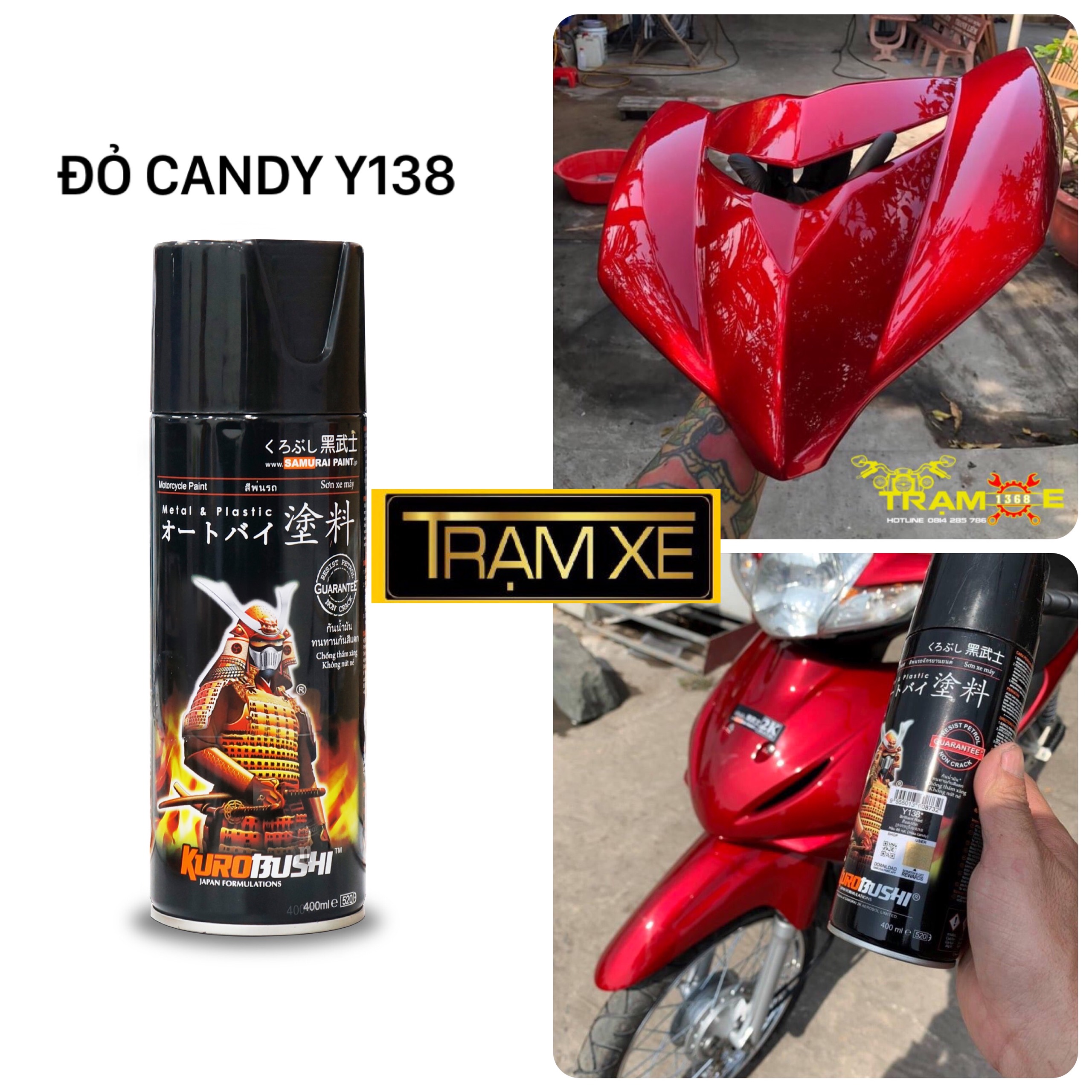 Sơn xịt Samurai màu đỏ Candy Y138 400ml (cần sơn trên nền bạc) dành cho mọi dòng xe, dễ dàng mang sử dụng và mang theo