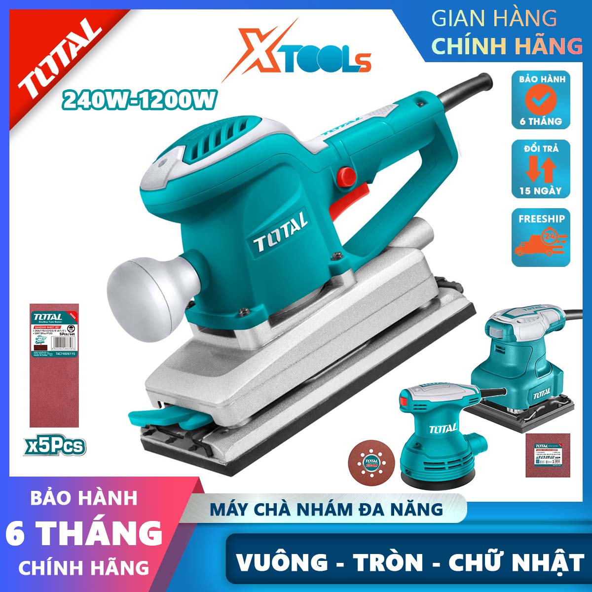Máy chà nhám rung đa năng cầm tay TOTAL 240W-1200W 220V, chà nhám vuông, tròn, chữ nhật, nhám băng tốc độ cao chính hãng kèm phụ kiện