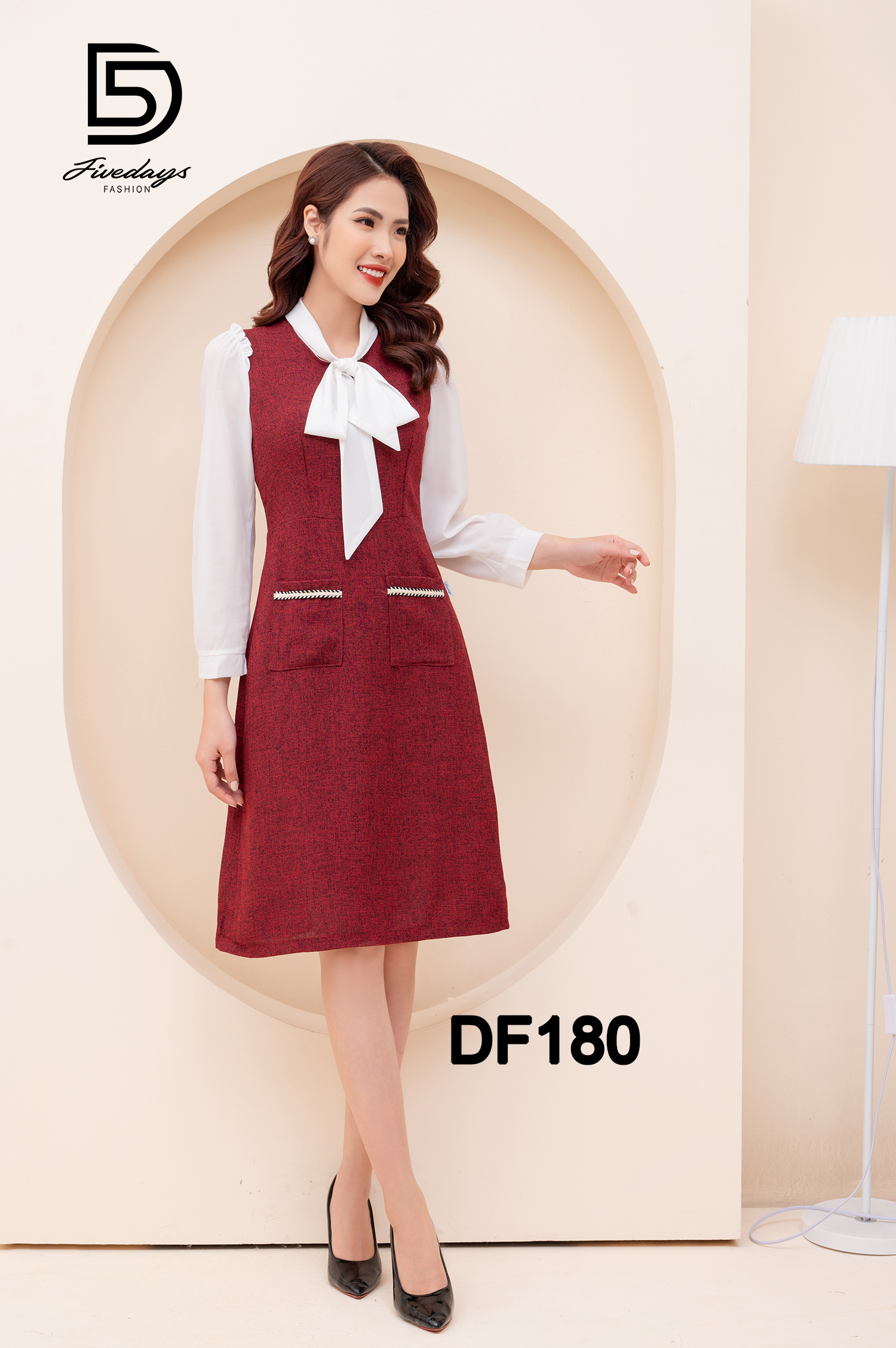 Đầm dạ dáng A cổ nơ FIVEDAYS