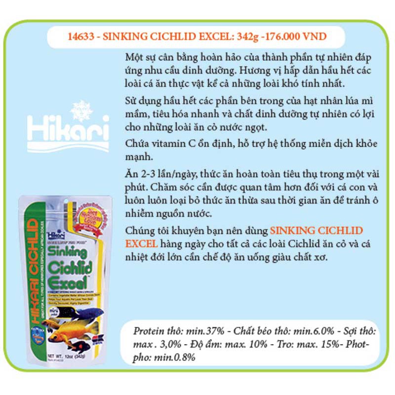 Thức ăn cho cá Ali Hikari Sinking Cichlid Excel 342g hạt chìm Nhật