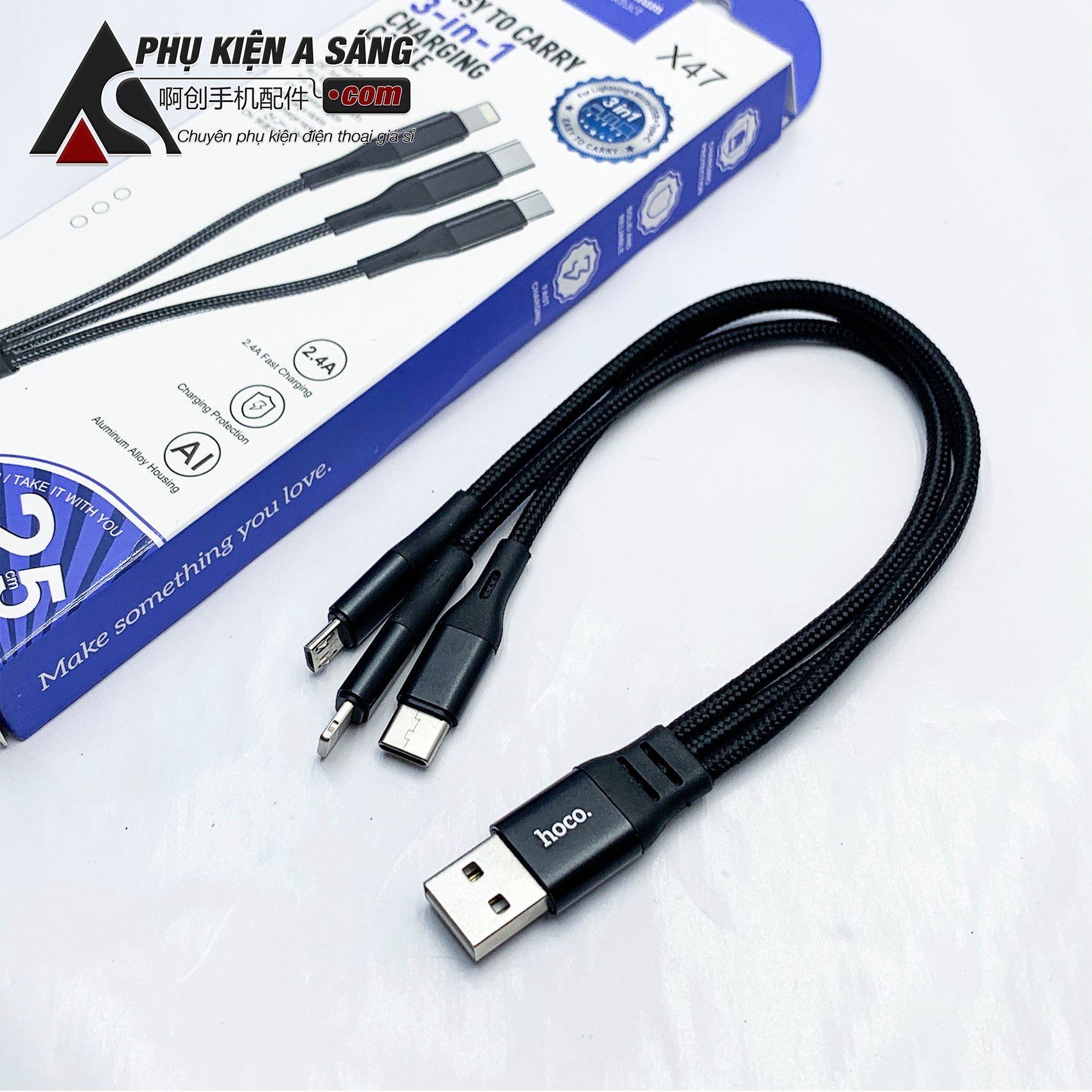 Cáp Sạc Hoco X47 3 Đầu IPhone - Micro Usb - Type C Dây Dù Chống Đứt