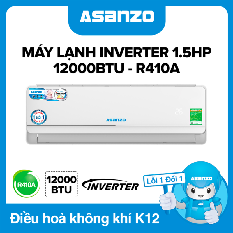 Máy Lạnh Asanzo Inverter K12A 12000BTU (1.5HP) Phù Hợp Diện Tích 16-22m² (Siêu Tiết Kiệm, Làm Lạnh Nhanh, Tự Điều Chỉnh Nhiệt Độ, Lọc Không Khí) Máy lạnh giá rẻ - Bảo Hành 2 Năm