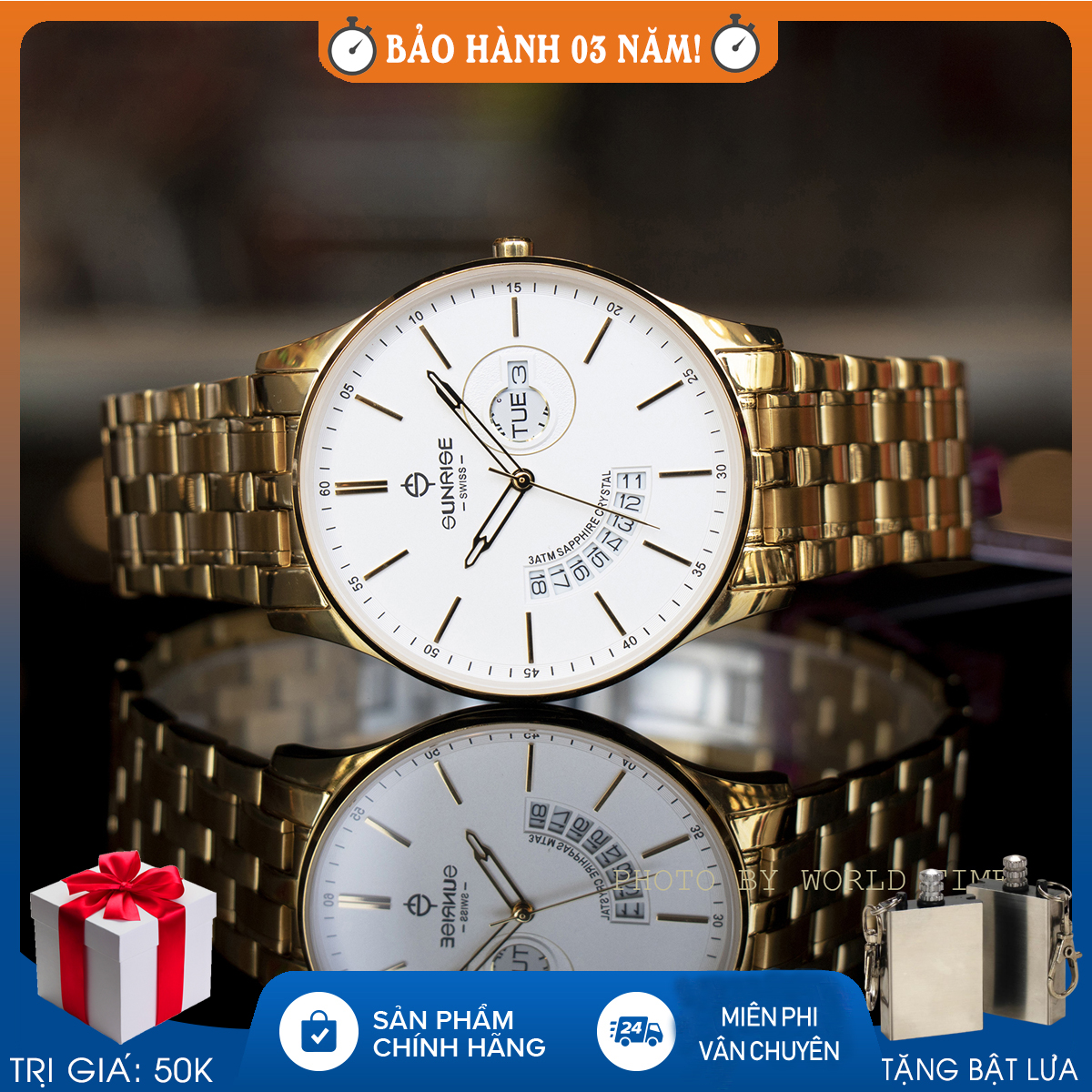 Đồng hồ nam, đồng hồ Sunrise 1127SA full hộp, thẻ bảo hành 3 năm, kính Sapphire chống xước, chống nước, dây thép 316L