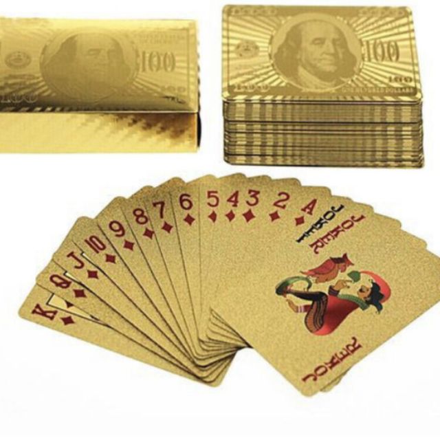Bộ 3 HỘP bài mạ vàng 24K cao cấp thiết kế sang trọng, bề mặt bóng loáng bề dày 0.3mm gồm 52 lá bài/bộ + 2 lá bài lót