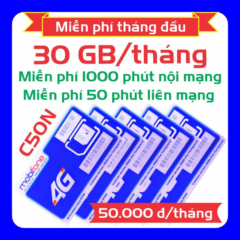 [Miễn phí tháng đầu] Thánh SIM 4G Mobifone C50N Tặng (30 GB/tháng) tốc độ cao + 1050 phút gọi