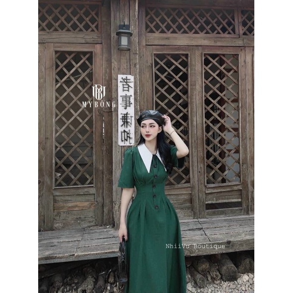 ĐẦM MIDI PHỐI CỔ TRẮNG TIỂU THƯ CHIẾC LY EO GB6