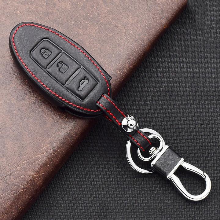 Bao da chìa khóa, ốp chìa khóa da đen chỉ đỏ cho xe Nissan Xtrail, Navara- kèm móc khóa tiện dụng, thiết kế sang trọng, bảo vệ chìa khóa toàn diện mẫu MR001