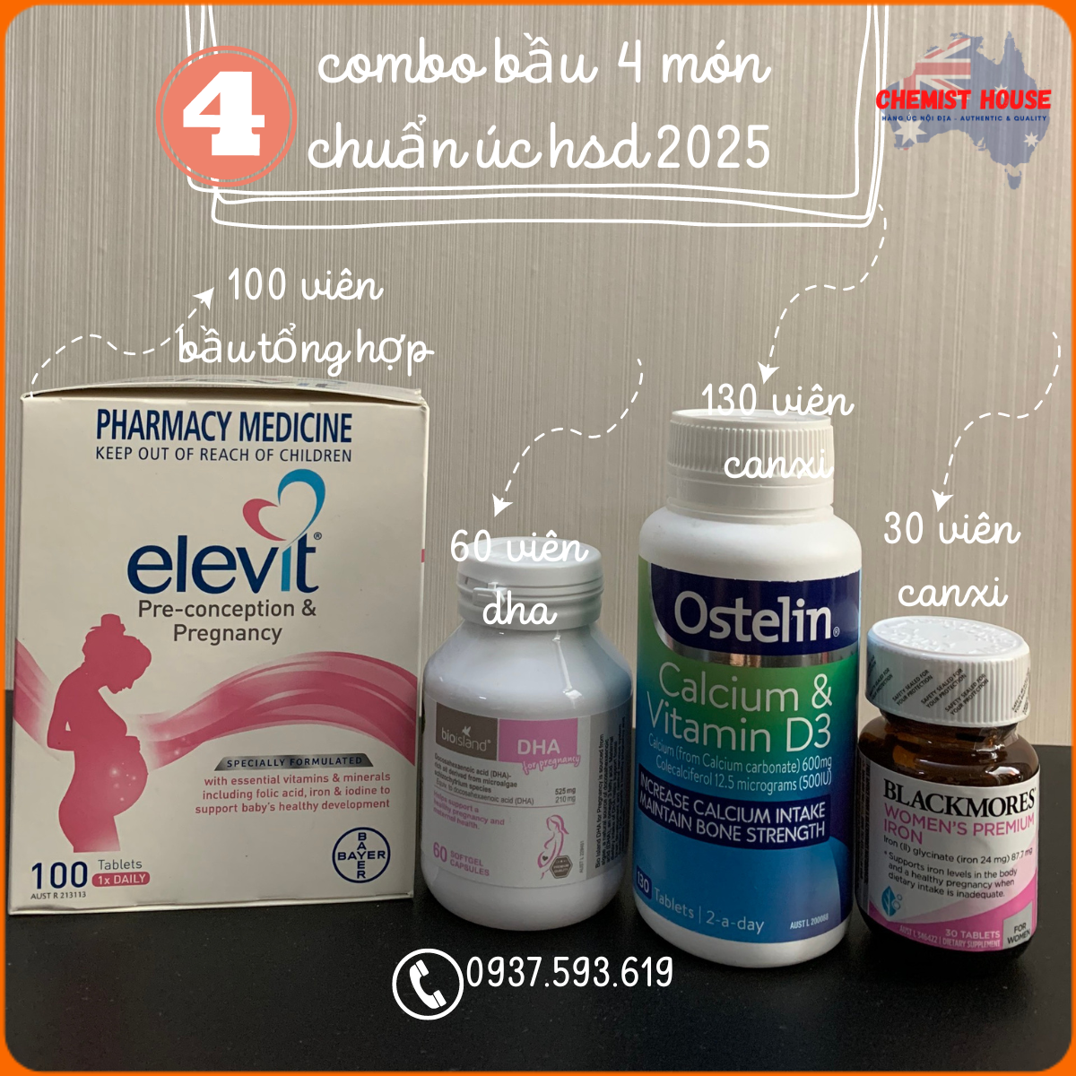 [HÀNG CHUẨN ÚC] Combo Vitamin cho Mẹ Bầu 4 món (Elevit + DHA + Canxi + Sắt)