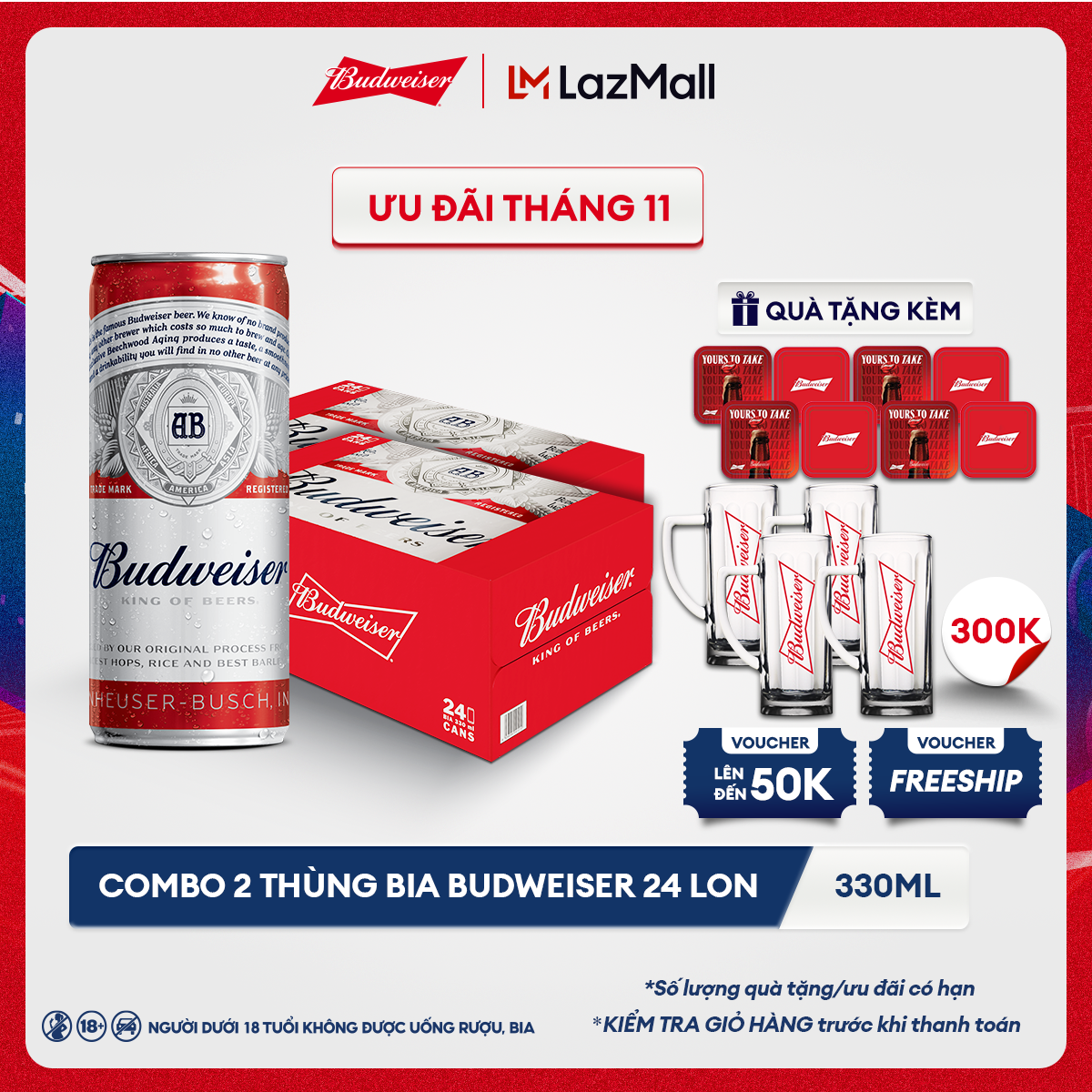 [25.11 - 29.11 VC ĐẾN 100K+FS] Combo 2 Thùng 24 Lon Bia Budweiser (330ml/lon) Date [03/2025]