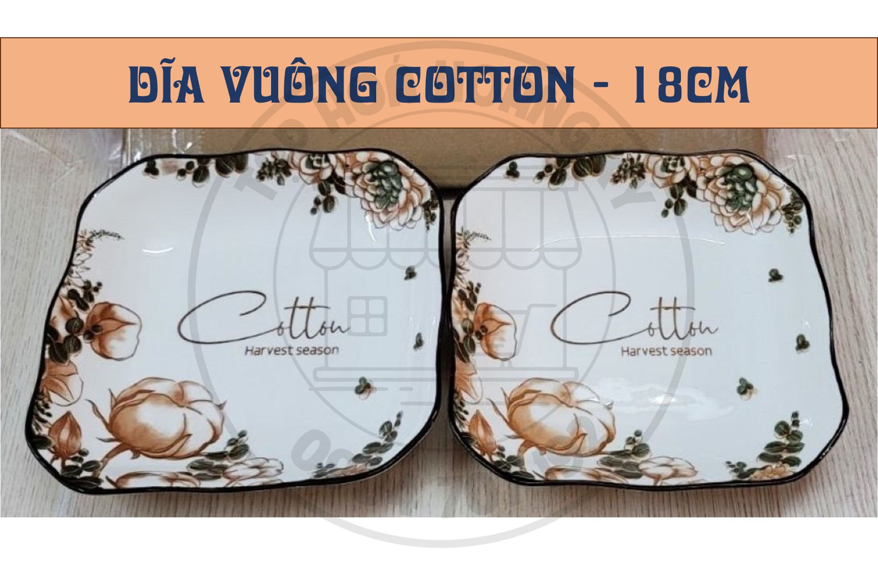 DĨA VUÔNG GỐM SỨ HOA VĂN COTTON 18CM ( CỠ 8)