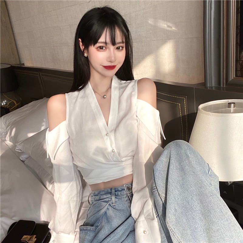 Áo Sơ Mi Khoét Hở Vai Thắt Dây Eo