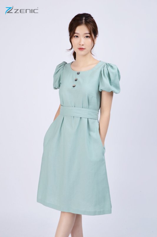 Nơi bán ZENIC- Đầm liền linen tay bồng cổ tròn dây đai eo 65115