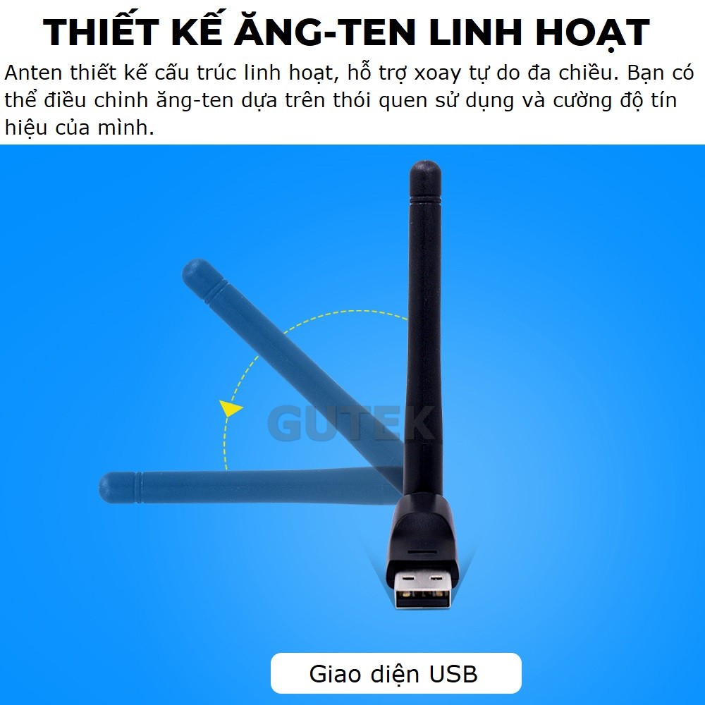 USB thu sóng wifi Gutek WD46 1200mbps 2 râu nâng cấp WiFi lên 5G cho máy tính, pc , laptop tần số 2.4G 5G siêu nhanh