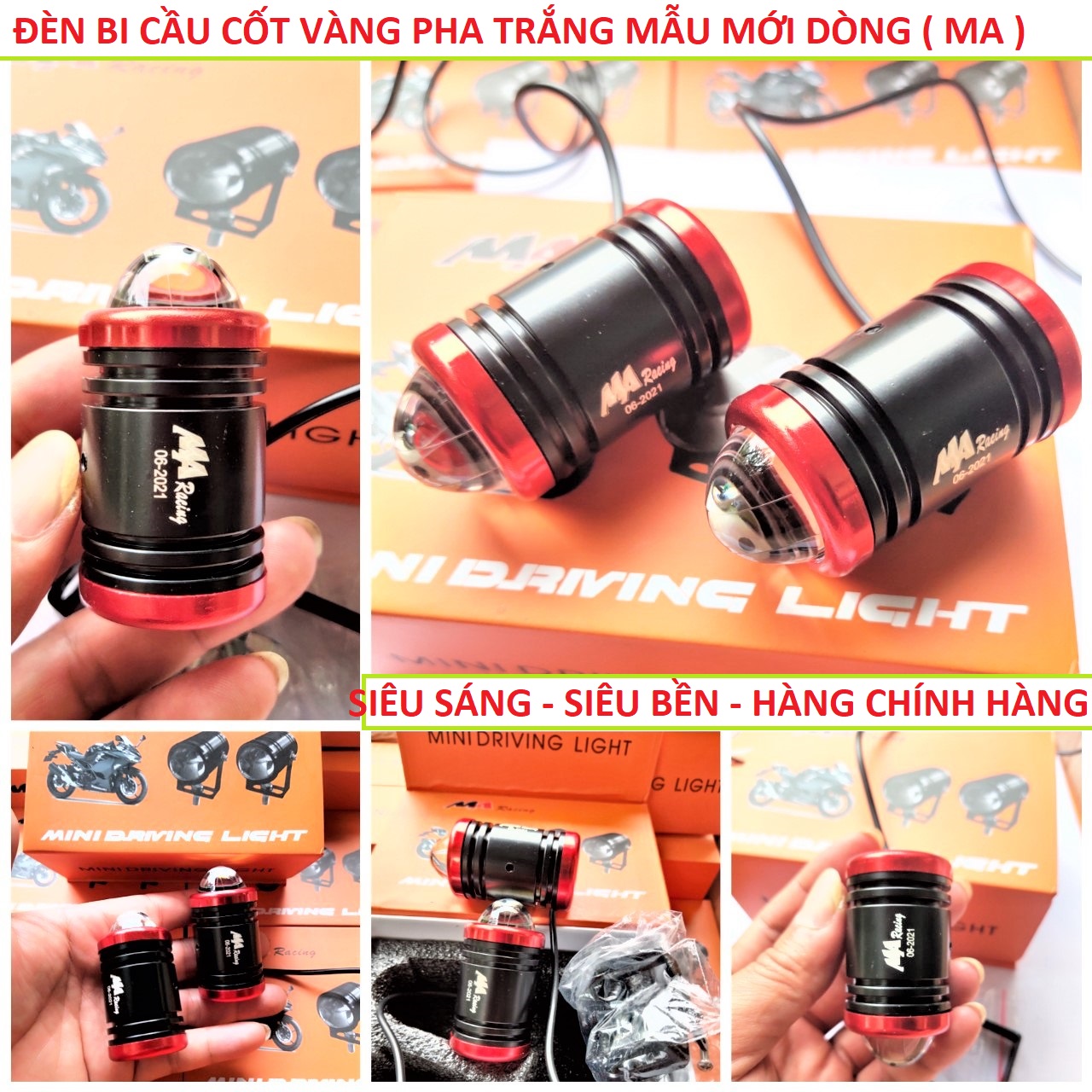 ĐÈN TRỢ SÁNG MINI XE MÁY 2 CHẾ ĐỘ CỐT VÀNG PHA TRẮNG VIỀN ĐỎ  SIÊU SÁNG