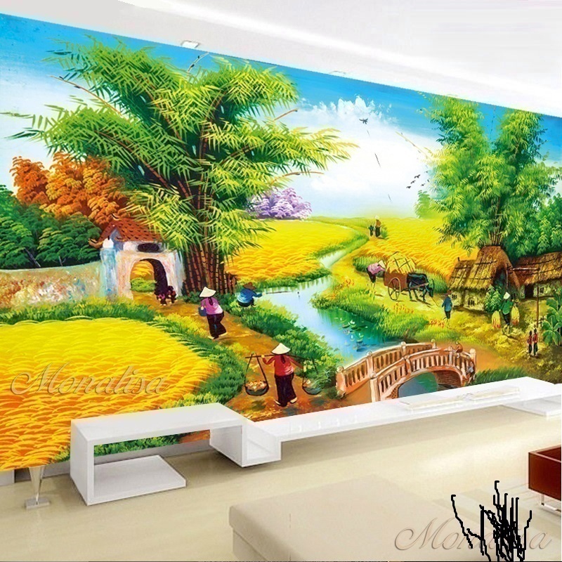 Tranh thêu thành phẩm làng quê 1mx50cm đã thêu chưa khung_ tranh thêu kín