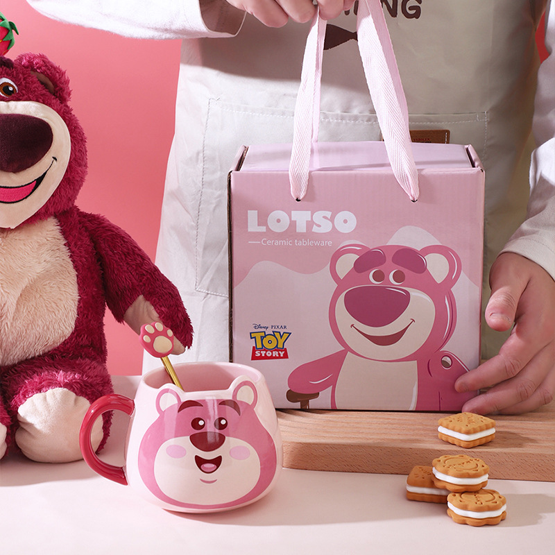 Lotso Ceramic Water Bottle, MINI.SO Ceramic Bottle, Ceramic Bottle, Ceramic Cup, Lotso Toy Story Ceramic Bottle with lid and straw