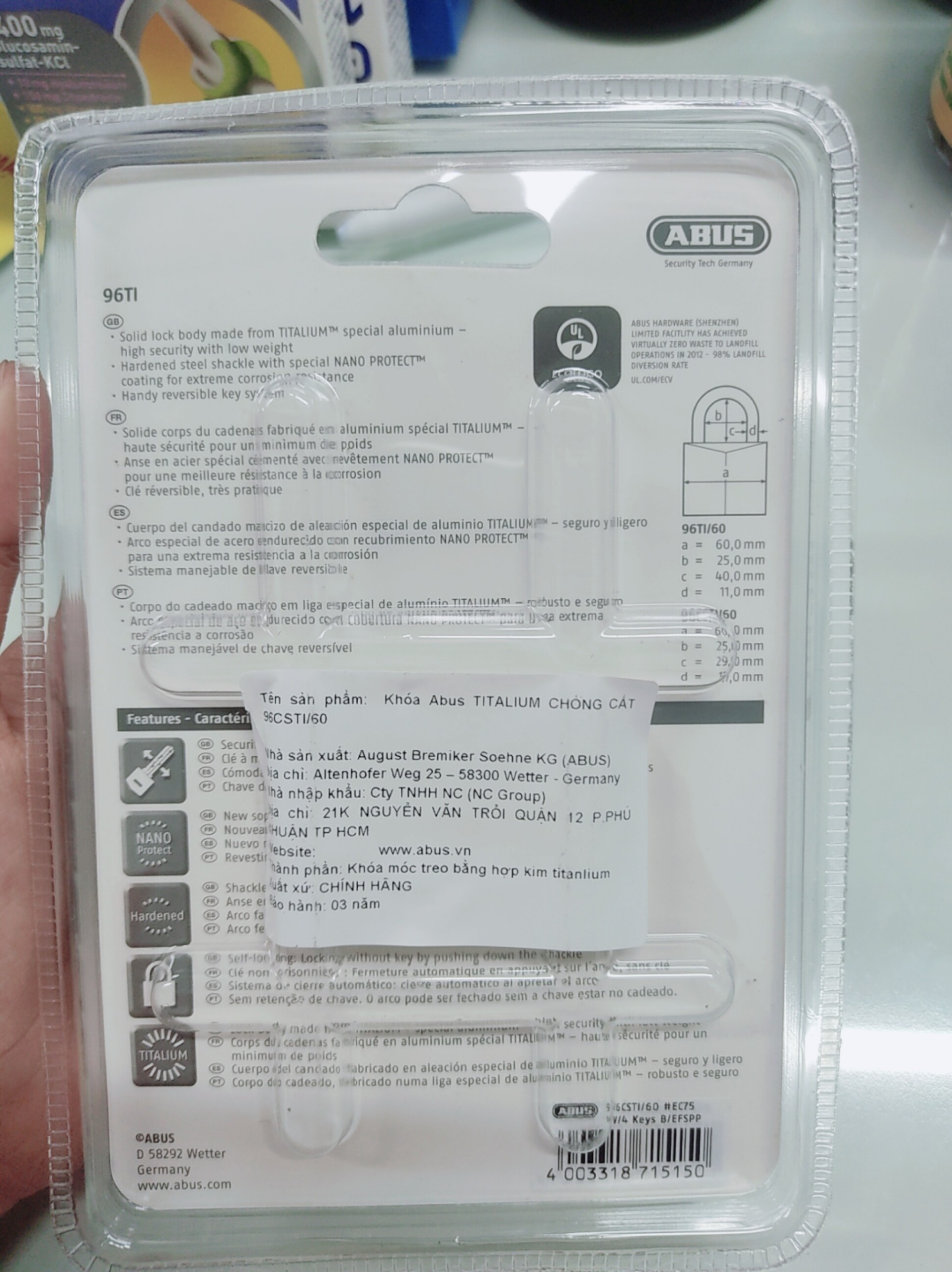 Ổ Khóa Chống Cắt ABUS 96CSTI-60 TITALIUM